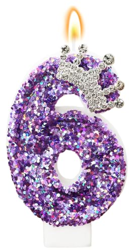 Birthday Number Candles, Purple Crown Number 6 Cake Cupcake Candle Glitter Number Candle Cake Topper with Sequins for Girls,Women, Anniversary Party Celebrations Supplies Favors
