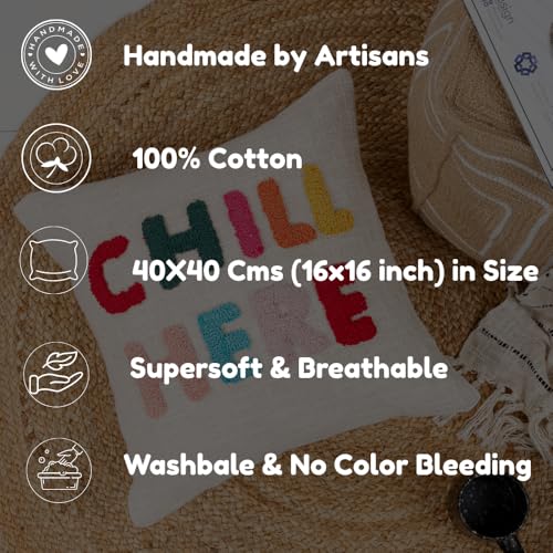Image of HOMADORN 100% Cotton Hand Tufted Cushion Cover | Text Pattern Decorative Pillow Case | Boho Sofa Cushion Cover for Living Room | Soft & Durable | (16x16 Inches) (2, CHILL HERE Multicolor)