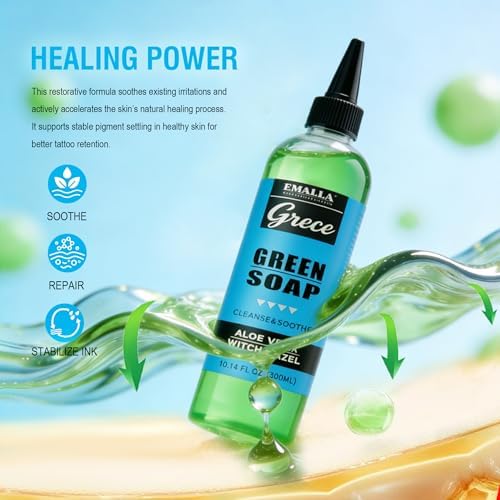 Emalla GRECE Green Soap Tattoo Cleaner Kit, 10.14oz Green Soap Tattoo and 7oz Foaming Dispenser Ultra-Concentrate Green Soap with Witch Hazel & Aloe Gentle for Soothing Tattoo Aftercare - 1