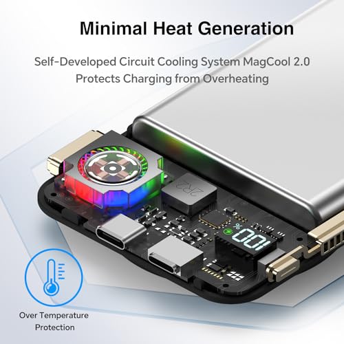 Magnetic Power Bank,11000mAh Battery Pack with Active Cooling for MagSafe,Transparent Portable Charger with 20W USB-C Input/Output for iPhone14/13/12 Pro/Pro Max/Mini