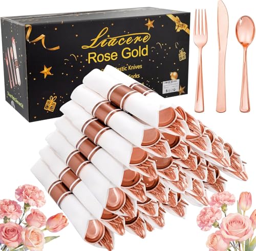 Liacere 100Pack Rose Gold Plastic Silverware - Pre Rolled Napkins with Rose Gold Cutlery - Wrapped Silverware Set Disposable100 Forks Knives Spoons Wrapped Utensils for Wedding Party