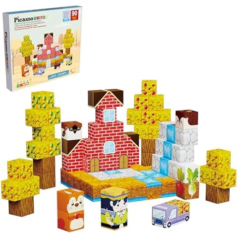 Picasso Cubes 1” Fall Autumn Harvest Theme Magnetic Blocks Build Cubes 90 Piece Magnet Tile Construction Building Block Set Sensory Toy Early Education STEM Learning, Children Age 3+ Boy Girl PMC05 Cover