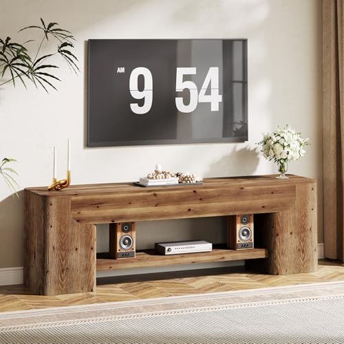 For Tvs Up To 75 Inch, Farmhouse Wooden Entertainment Center With 2-tier Open Storage Shelf, 63" Tv Console With Thick Leg For Living Room Bedroom, Natural Wood