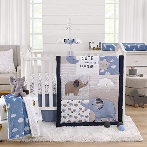 Image of NoJo Carter's Blue Elephant - Chambray, Navy, Gray and White Elephant, Moon, Clouds and Stars 3 Piece Nursery Crib Bedding Set - Comforter, Fitted Crib Sheet and Crib Skirt