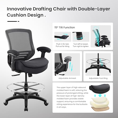 Image of BOLISS 400lbs Ergonomic Office Drafting Chair Mid Mesh Back for Height Adjustable Desk 21inch Foot Ring Height Adjustable Armrest (Black)