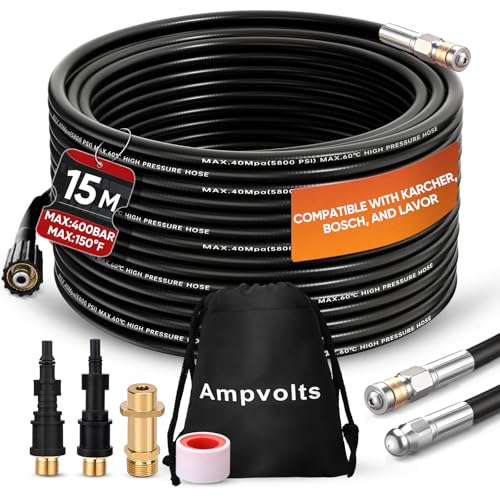Ampvolts 15M Desatascador de Tuberías a Presión - 400 Bar/5800 PSI, Compatible con Hidrolimpiadoras karcher K2-K7, Lavor, Bosch - Limpia Fácilmente Tuberías y Desagües Obstruidos