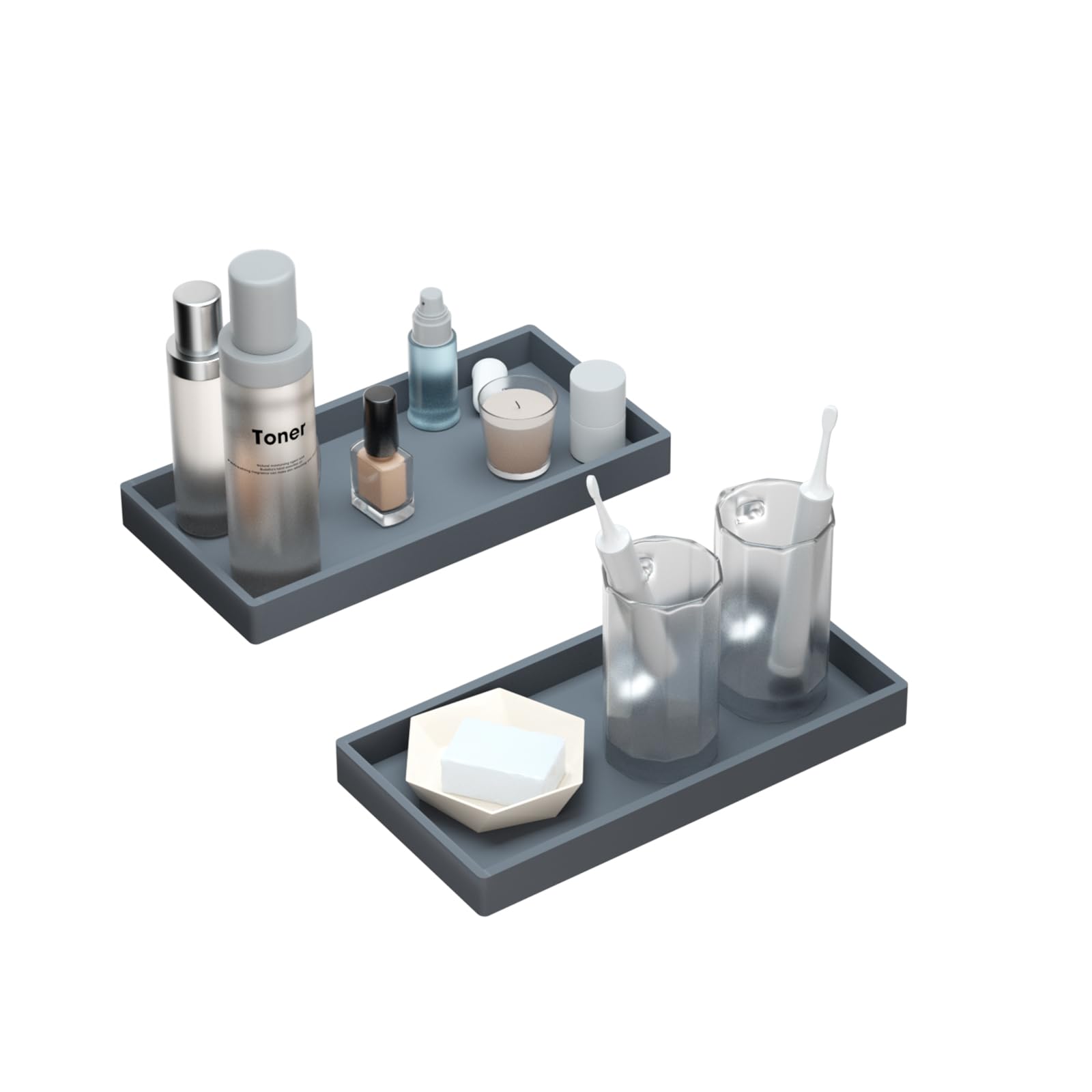 BBK Bathroom Vanity Tray 7.8 in - 2 Pack(Small) Silicone Bathroom Tray for Counter, Perfume Key Trinket Ring Tray, Decor Soap Dispenser Countertop Tray for Kitchen Sink Organization (Gray)