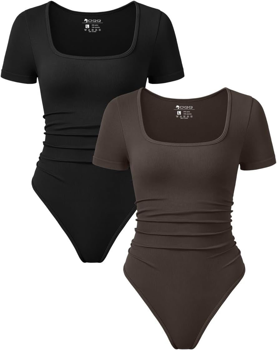 (Size L) OQQ Women 2 Piece Bodysuits Sexy Ribbed Rueched Stretch Short Sleeve Square Neck Basic Shirts Bodysuits Black Tea leaf, Large