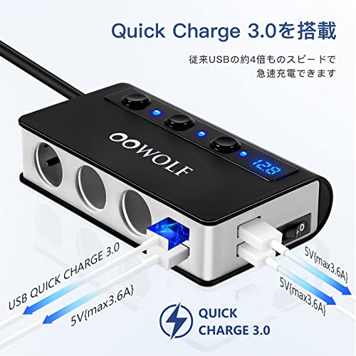 Image of OOWOLF Cigarette Lighter Socket, 3 Connections, 4 Ports, USB Charger, Up to 180 W, Smart IC, Rapid Charging, Expansion, Car Charger, Compatible with 12-24V Cars, Independent Switch, Cigarette Lighter