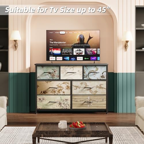 MUTUN Drawers Dresser for Bedroom,Wide Chest of Drawers for Closet, Clothes, TV Stand with Storage Drawers, Wood Board, Fabric Drawers,Floral Painted (7 Drawers) - Image 2