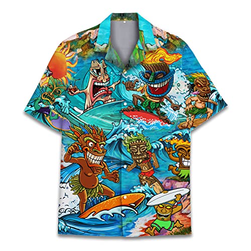Funny Tiki Hawaiian Shirts for Men, Tropical Tiki Print Short Sleeve Button Down Shirt, Summer Beach Casual Top