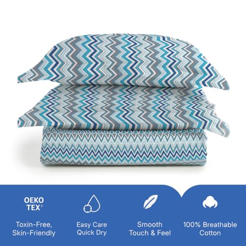 Image of Livspace Cotton Super King Size Bedsheet for Double Bed | 108 inch x 108 inch | 144 TC Flat Cotton Bedsheet with 2 Pillow Covers, Soft & Breathable - Bello Pure Nest Collection (Blue)
