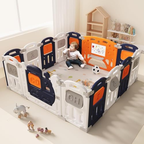 Image of Assembly-Free 14 Panel Playard, Baby Playpen Fence with Crawling Mat and Football for Baby Upto 8 Years with Safety Locking Door & Drawing Board (150x150cm, Foldable) -Blue