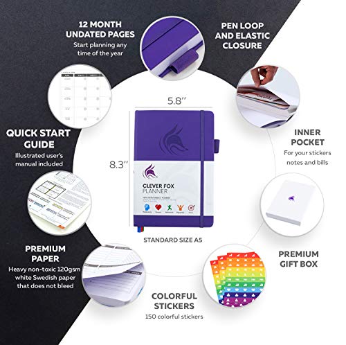 Clever Fox Planner – Undated Weekly & Monthly Planner To Increase Productivity, Time Management And Hit Your Goals – Organizer, Gratitude Journal – Start Anytime, A5, Lasts 1 Year, Purple (Weekly) #TOP1