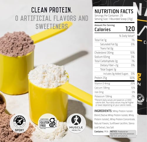 Image of Ascent 100% Whey Protein Powder - Post Workout Whey Protein Isolate, Zero Artificial Flavors & Sweeteners, Gluten Free, 5.5g BCAA, 2.6g Leucine, Lemon Sorbet 1.7 lb