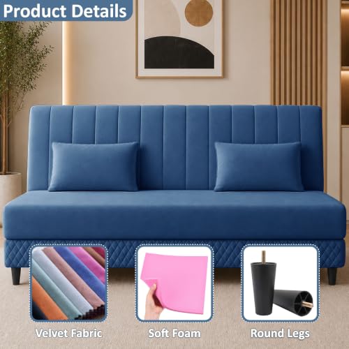 Image of Rosebell Modern 3 Seater Velvet Sofa Cum Bed with Cushion | Premium Upholstered Fabric | Tufted Backrest | Wooden Legs | Living Room Furniture | Blue
