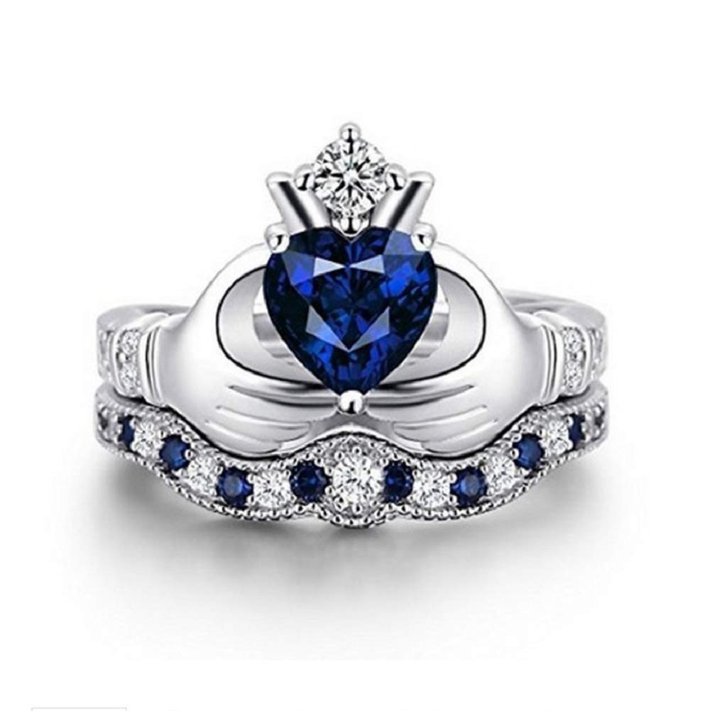 FinemallFinemall Women Fashion Jewelry 925 Sterling Silver Blue Sapphire Claddagh Ring Set New Set Cubic Zirconia Gemstone Ring Size 5-10