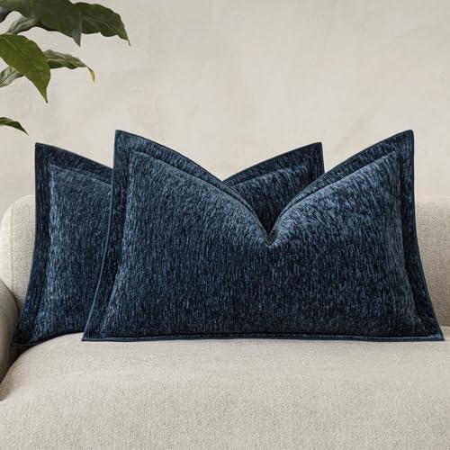 vivrudil Decorative Chenille Luxury Throw Pillow Covers with Wide Edge, Textured Lumbar Pillowcases, Soft Velvet Cushion Cover Home Décor for Couch Sofa Chair Living,12×20 Inch, Set of 2, Lake Blue