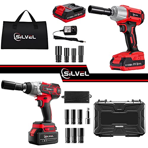 Silvel 21V Cordless Impact Wrench 1/2 Inch, 517 Ft-Lbs (700N.m) Max Torque, Brushless Impact Driver With 1.5Ah Li-Ion Battery, Charger, 6 Sockets, Extension Bar, Power Impact Gun For Car Home #TOP30