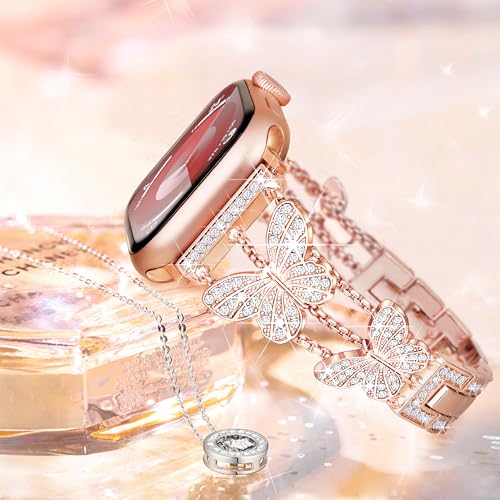 Image of Butterfly Band for Apple Watch Bands 44mm 45mm 46mm Rose Gold | Series 11 10 9 8 7 6 5 4 3 iWatch SE Ultra Band for Women, Slim Thin Metal Fancy Bling Cute Dressy Strap for Apple Watch Band