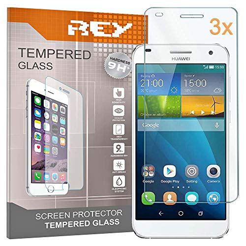 REY 3X Protector de Pantalla para Huawei Ascend G7, Cristal Vidrio Templado Premium