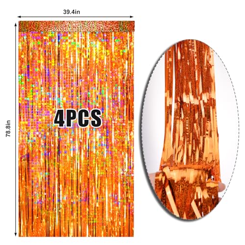Image of 4 Packs Orange Foil Fringe Curtain, Orange Glitter Metallic Tinsel Backdrop for Birthday, Wedding, Baby Shower, Halloween, Thanksgiving, Friendsgiving, Fall Party Decorations Supplies