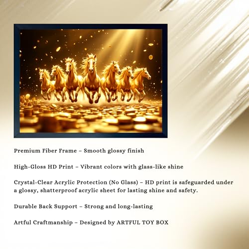 Image of ARTFUL TOY BOX - 7 Running Golden Horses Photo Frame Wall Art for Home Decor | Success, Power & Financial Growth Vastu Wall Decor for Living Room & Office | HD Glossy Print | Premium Fiber Black Frame - 12x18 Inch (30x45 cm) (Design 7)