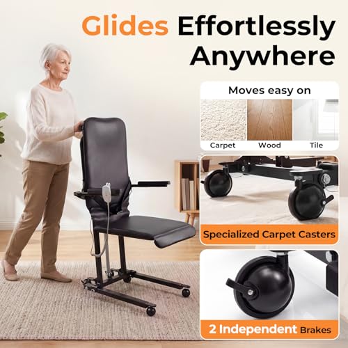Image of Upgrade Steel Electric Lift Chair with Advanced Wheels and PU Cushion, Floor Lift for Elderly, Support Up to 400 LBS, Safety Seat Belts and Handrails, Suitable for Home or Care Facilities Use, Black