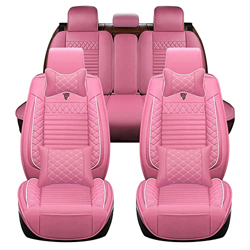 Fundas Asientos Coche Polipiel para Delanteros y Traseros, Juego Completo Protector para Asientos, Cinco plazas de Lujo Rosa