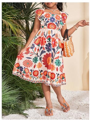 Girl's Floral Midi Dress Boho Tropical Dresses Ruffle Sleeve Bow Back Summer Vacation A Line Flowy Dresses4