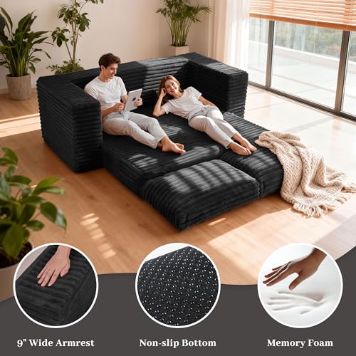 Image of HABUTWAY 62 inch Small Boneless Couch,3-in-1 Convertible Folding Sofa Bed, Corduroy Loveseat Sofa Bed w /2 Pillows for Living Room /Guest Room No Assembly Required, Black