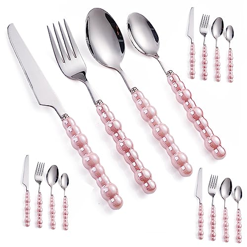 16 Pieces Creative Pearl Ceramic Handle Kitchen Stainless Steel Silverware Tableware Flatware Cutlery Set for 4 People?Creative Hotel Home Steak Knife Dessert Spoon (Pink)