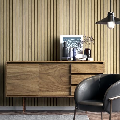 Decotalk Wood Slat Wallpaper Peel and Stick Wood Contact Paper 17.7\"x120\" Wood Slat Wall Panel Wallpaper Removable Brown Slat Wood Wallpaper for Bedroom Slat Wood Contact Paper for Cabinets Slat Look