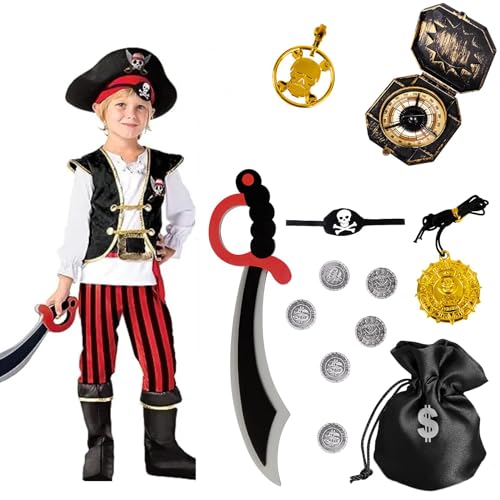 NALACAL Kids Pirate Costume Set Pirate Captain Dress Up Outfits Playset with Pirate Vest Pants Hat Hat Eye Scarf Compass Earring Purse Medallion Coins Halloween Role Play Cosplay - L Size