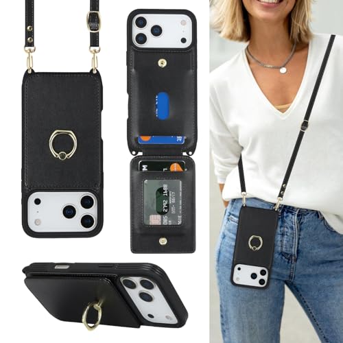 Lipvina for iPhone 17 Pro Max Case with Card Holder and Strap for Women Crossbody Lanyard RFID Blocking Ring Stand Snap Clasp Cute Lightweight Leather Wallet Phone Case 6.9 (Black)