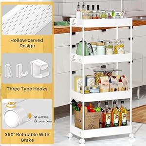 SPACEKEEPER Storage Cart, 4-Tier Mobile Shelving Unit, Bathroom Rolling Cart Utility Storage Organizer Shelf for Kitchen Living Room Bathroom Laundry Room & Dressers, White SPACEKEEPER Storage Cart 4 Tier Mobile Shelving Unit Bathroom Rolling Cart Utility Storage Organizer Shelf for Kitchen Living Room Bathroom Laundry Room Dressers White