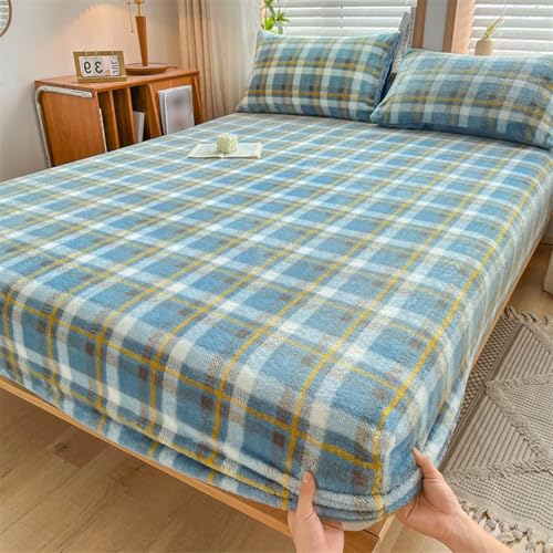 Daesar Conjunto Elástico para Sábana Bajera con 2 Fundas Almohada,Patrón de Plaid Terciopelo Sabana Bajera para Cama Azul Caqui Amarillo,180 x 200 CM