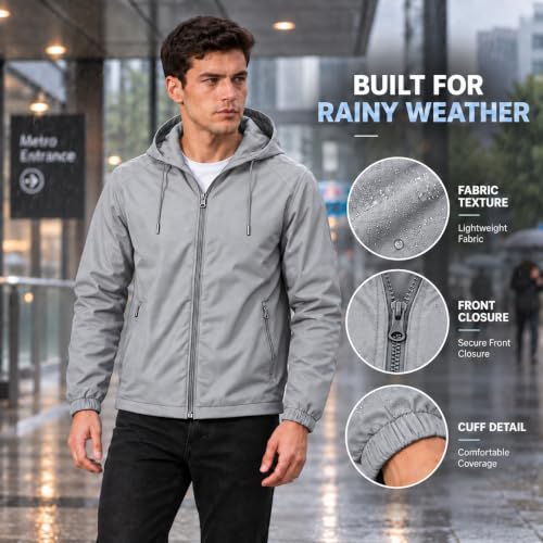 Image of MIA FASHION Men's Hooded Waterproof Rain Jacket Lightweight Wind Resistant Jacket with Zipper Pockets for Bike Riding, Travel & Outdoor Use