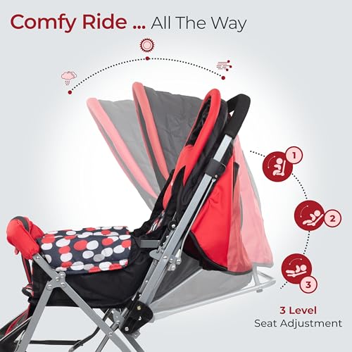 Image of LuvLap Sunshine Baby Stroller /Pram for 0 to 3 Years, New Born /Toddler /Kid, 5 Point Safety Harness, Adjustable backrest, 360 Swivel Wheel, Large Storage Basket, Reversible Handlebar (Red)