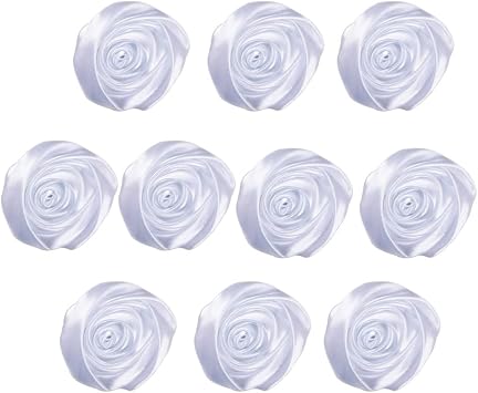10pcs Handmade Satin Rose Flowers 2.2 Inches Vintage Ribbon Flower Bud Fabric Appliques Artificial Rosettes for Wedding Party Headbands Craft Hair Accessories Gift Wrapping White