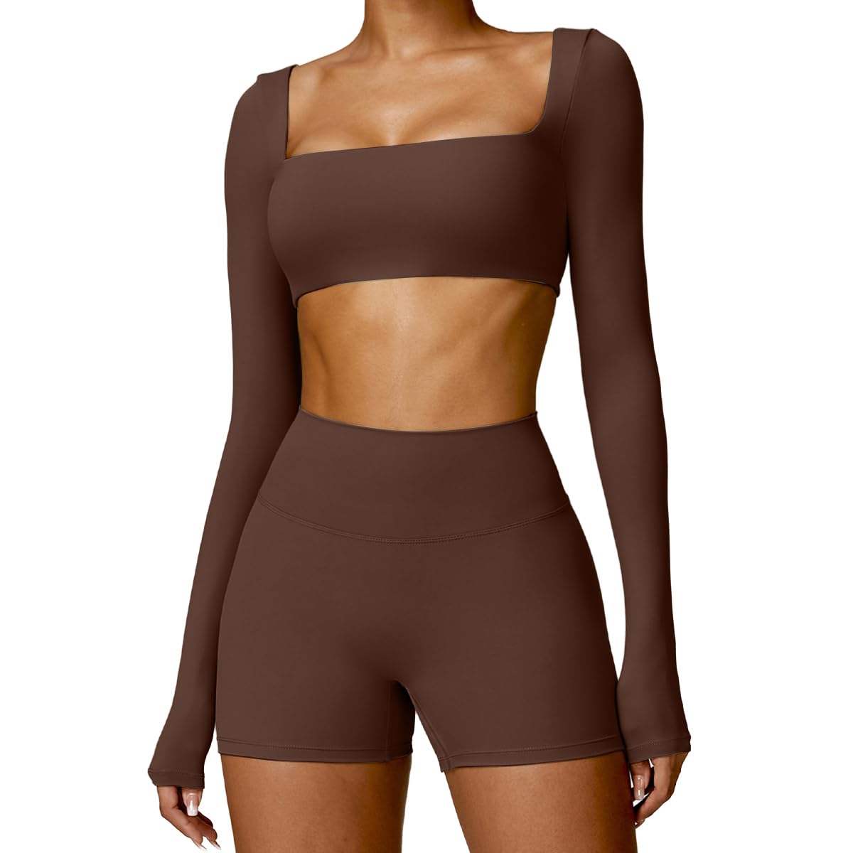 ABOCIW Women Square Neck Long Sleeve Workout Crop Top Low Medium Impact Athletic Yoga Gym Shirts with Built in Bra(ONLY TOP)