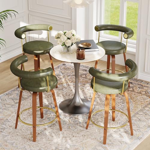 Image of Swivel Bar Stools Set of 4, 26 inch Counter Height Bar Chair, Barstools (Green) | TYBOATLE, Mid-Century Modern, Faux Leather, Bent Wooden Legs, Golden Footrests, Island, Kitchen
