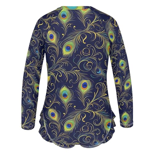 Abstract Peacock Feathers Girls Long Sleeve Swimsuit Rash Guard One Piece Bathing Suits Zipper 3-12T3