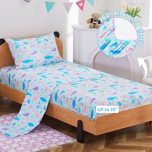 Image of Viviland 3 Pieces Girls Blue Marine Twin Sheet Set - Soft Microfiber Fitted Flat Sheets & Pillowcase Bed Sheet Set - Colorful Marine Animals Print Bedding Sets for Kids