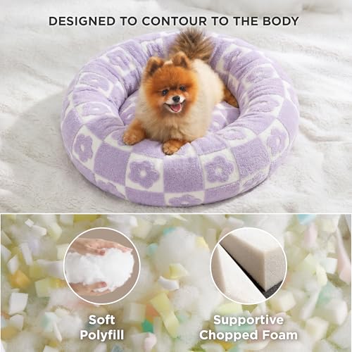 Image of LE SURE Shown on TV Donut Dog Beds for Small Dogs - Calming Cat Sofa as Bed Gift for Indoor Cats with Washable Cover, Round Home Decor Cute Pet Beds with Jacquard Shaggy Plush, 23 Inch, Flower Checks