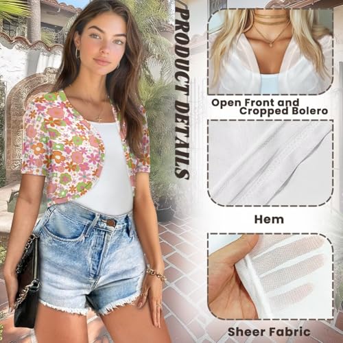 Image of Womens Short Sleeve Cardigans Lightweight Summer Cardigan Trendy Bolero Shrug Cute Floral Cardigan Sheer Bolero