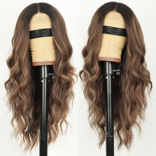 Image of AISI HAIR Caramel Brown Wig for Women, Long Wavy Synthetic Lace Wig 26Inch