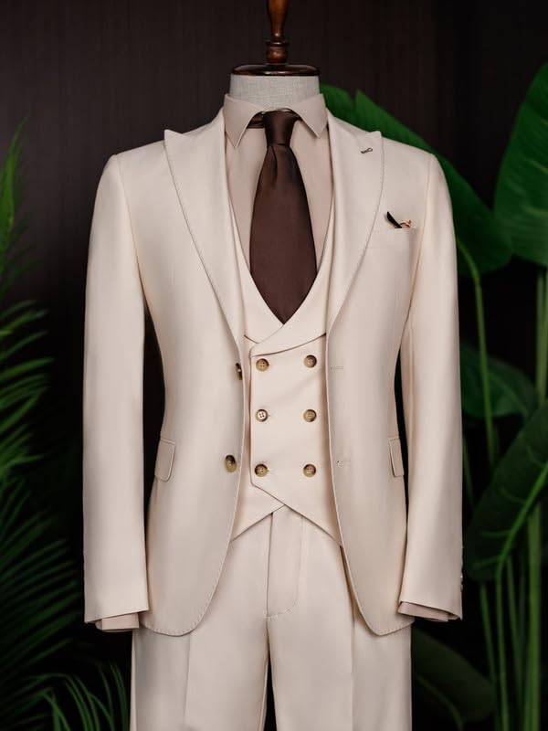 Beige Modern-Fit Suit for Men | 3-Piece Slim Tailored Blazer, Waistcoat & Trouser Set | Classic Formal Wedding, Business2