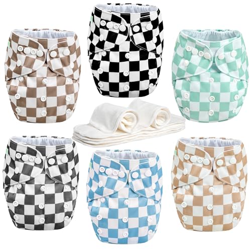 Image of wegreeco Cloth Diapers 6 Pack with 6 Inserts & 1 Wet Bag, Washable Cloth Diapers for Babies, One Size Adjustable Reusable (Checkerboard)