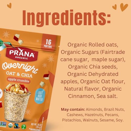 Prana Organic Overnight Chia with Oats Apple Crumble | Rich in Fiber & Protein, Vegan, Non-GMO | Ready to Eat Breakfast - 28 oz Bags - 2 Pack
